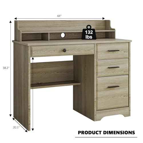 4 EVER WINNER Computer Desk with Drawers, Small Desk with Monitor Stand and File Drawer, Wood Desk with Storage, Writing Desk for Bedroom Home Offic, Grey