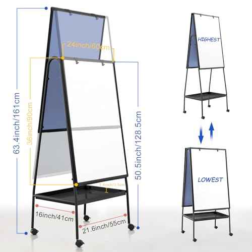 MAKELLO Rolling Whiteboard on Wheels 36x24 in, Double Sided Mobile White Board with Storage Tray for Office School Home, Magnetic Classroom Easel for Teacher, Height Adjustable, Aluminum Frame, 3'x2'