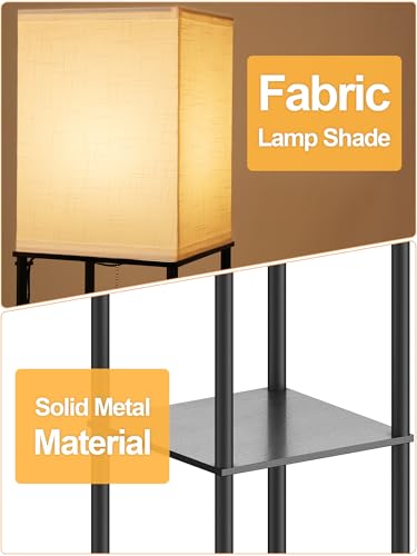 PARTPHONER Black Floor Lamp with Shelves, 3-CCT LED Bulb, White Linen Shade