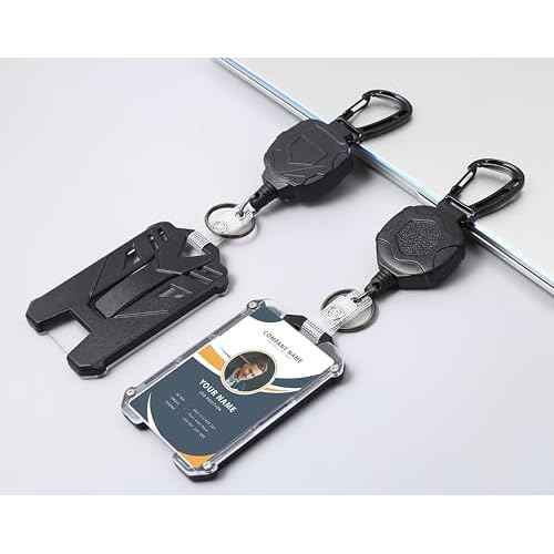Badge Holder Retractable Clip Heavy Duty Carabiner Badge Reel Keychain with Lanyard ID Cards Holder Cool Tactical ID Holder