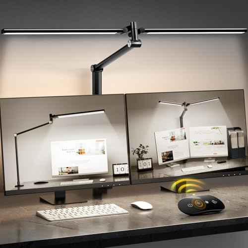 LED Desk Lamp for Home Office, Eye Caring Architect Desk Light with Remote, Dual Screen Computer Monitor Light with Stepless Dimming, Stepless Color Temp, Memory Function for Study, Workbench Black