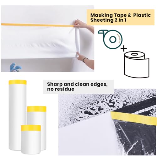 ADHES Pre Taped Masking Film with Adhesive Edge, 103 inch x 36 Yards x 3 Rolls No Residue Masking Tape for Painting, Automotive, and DIY Projects Tape and Drape for Floor Furniture Protection