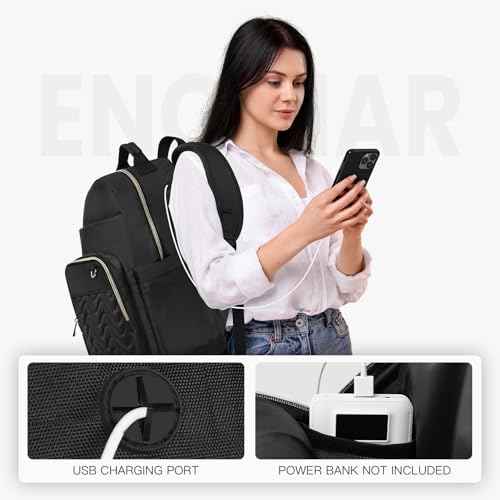 Travel Laptop Backpack for women, Work Backpack Woman with USB Charging Port, Water Resistant College Backpack, Stylish Quilted Girls Back Pack Casual Daypack for 15.6 Inch Laptop, Black