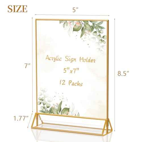 Gold Frames 5 x 7 Acrylic Sign Holder Double Sided Wedding Table Number Holder Clear Plastic Gold Picture Frames Flyer Holder for Table Menu Photo Display-12 Packs