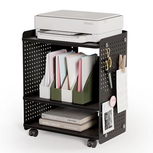 Fenge 3D Printer Stand, Heavy Duty Pegboard Storage Organizer with Adjustable Shelf, 22x18 Inch Rolling Printer Cart with Wheels, 3 Tier Home Office Stand