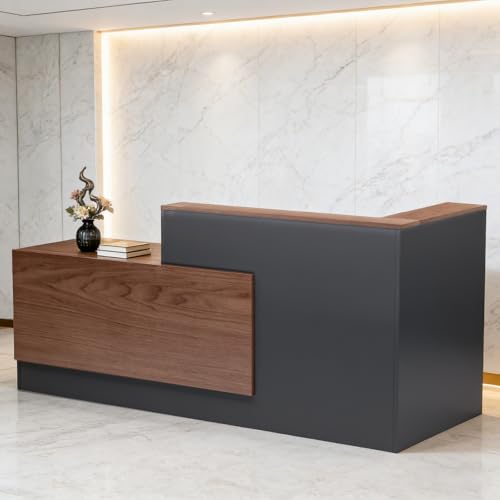 Drexo L-Shaped Wooden Reception Desk - Brown & Black, 71"L x 42"W x 41"H, Left