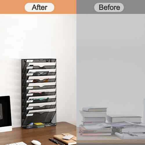 10 Tier Hanging Wall File Holder, Metal A4 Wall Mounted Document Holder, Vertical Hanging Mail Organizer, Magazine Storage Rack With Tray For Office Home Classroom, Black