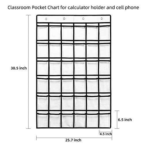 36 Clear Pockets Classroom Pocket Chart for Cell Phones, Pocket Chart for Calculator Phone Holder with 36 Number Stickers and Hooks (White)