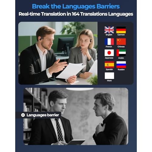 AI Translation Earbuds Real Time, 164 Language Translator Earbuds, 96H Playtime Translation Headphones, Noise Canceling, Audifonos Traductores Ingl?s Espa?ol for Business Meeting Travel Learning