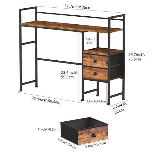 Desk Shelf,Desktop Organizer Shelf for Computer Monitor, 3 Tier Display Rack and 2 Fabric Drawers, Wood Desktop Bookshelf Storage Rack for Home Office,Dorm, Rustic Brown