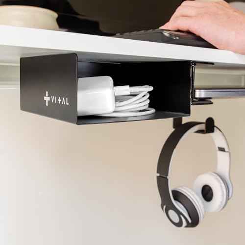 VI+AL Under Desk Laptop Mount - Hidden Metal Shelf with Side Storage, Hook & Cable Organizer - Installs with Tape & Screws - Fits Devices up to 1.7" Thick - Deluxe