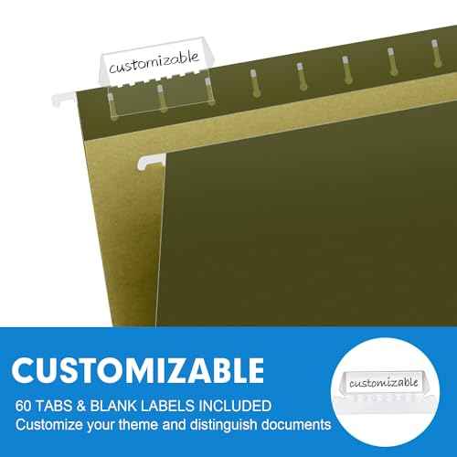 Extra Capacity Hanging File Folders, RAZCC 60 Pack Letter Size Reinforced Hanging Folders with Heavy Duty 2 Inch Expansion for Bulky Files, Filing Cabinet, Adjustable Tabs, Green