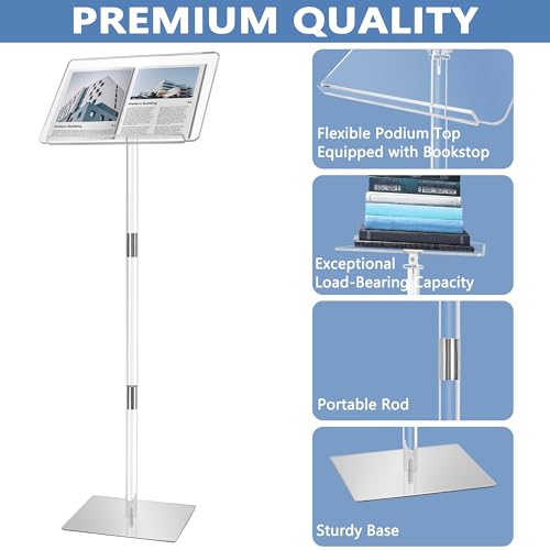 Podium Stand, Lecterns & Podiums, Acrylic Podium, Portable Podium Stand, Adjustable Angles with Metal Base, Podium for Classroom, Church, Weddings, Speech, 16" L x 12" W x 43" H, Clear