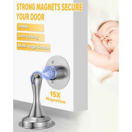Door Stoppers Magnetic Door Catch - 6 Pack Stainless Steel Heavy Duty Door Holder Stops for Bottom of Door - Wall Floor Mounting No Drill Strong Adhesive & Screws Strong Magnet Keep Door Open(Silver)