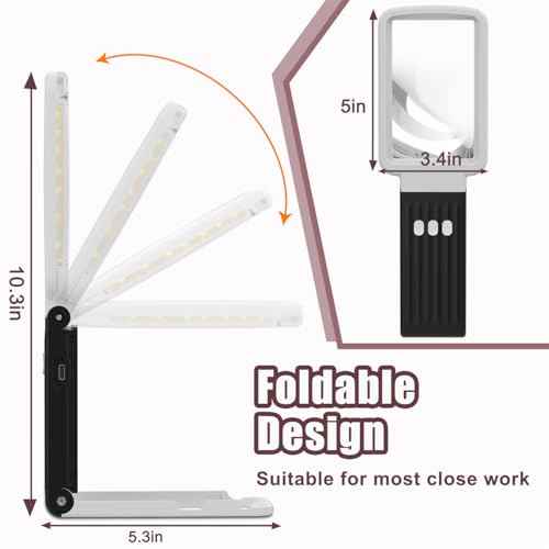 10X Magnifying Glass with Light and Stand, Real Glass Lens, Rechargeable Foldable Handheld Magnifier, 3 Color Modes Dimmable Lighted Page Magnifier for Reading Fine Prints, Low Vision Seniors