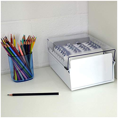Acrimet 4 x 6 Card File Holder Organizer Box Metal Base Heavy Duty (AZ Index Cards and Divider Included) (White Color with Clear Crystal Plastic Lid Cover)