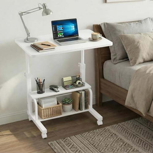WINAZ 31.5" Small Portable Laptop Rolling Desk with Wheels, White, 2-Tier Storage