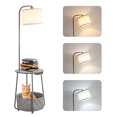 Floor Lamp with Cat Bed and Charging Station, Adjustable Lampshade, 3 Color Temperatures, Remote & Foot Switch Control, Standing Lamp with USB & AC Outlets for Living Room Bedroom, Gray