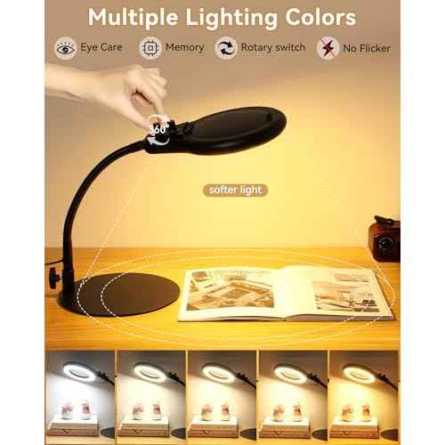 10X Magnifying Glass with Light and Stand, Flexible Gooseneck LED Lighted Desk Lamp, 2200 lumens Multiple Color Modes Stepless Dimming, Hands Free Magnifier for Craft Painting Hobby Reading