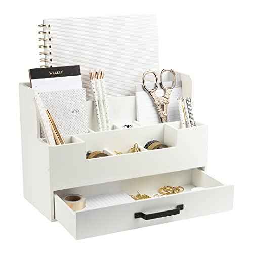 BLU MONACO White Wooden Desk Organizer with Drawer ? Office Desk Caddy for Supplies and Accessories ? Stylish Desktop Storage for Women