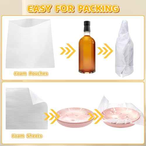 160 Pcs Packing Moving Foam Pouches & Sheets, 5 Sizes Cushion Foam Wrap Pouches with Fragile Stickers for Protect Dishes Cup Glasses Storage Supplies (7.8X7.8", 7.8X12", 12X12", 14X14", 16X16")