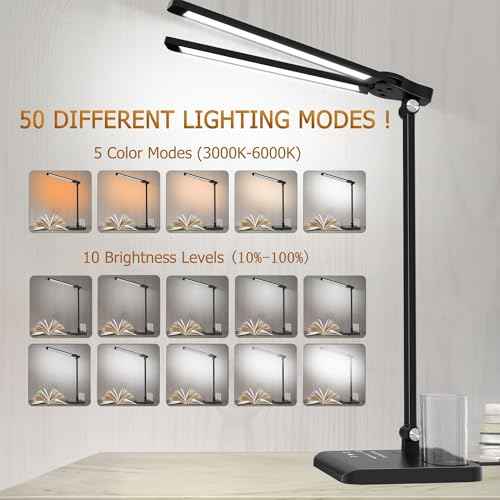 Dimmable LED Desk Lamp with USB Charging Port, 50 Lighting Modes Dual Swing Arm Architect Table Lamp Light Desk Lamp for Home Office Dorm Piano Nail