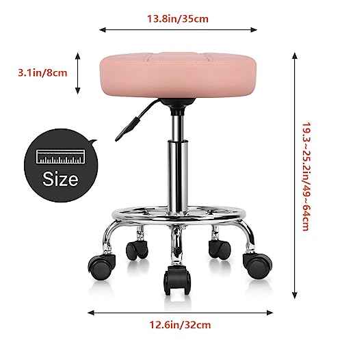 KKTONER Round Rolling Stool Chair PU Leather Height Adjustable Swivel Drafting Work SPA Shop Salon Stools with Wheels Office Chair Small (Pink)