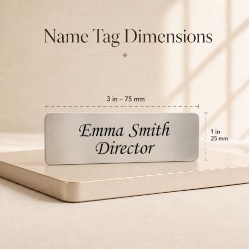 MIA·MIA Custom Engraved ID Name Tag Tag with Text & Logos – Only Text Variation, Metal or Acrylic, Front Pin or Magnetic Backing