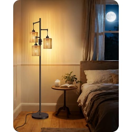 Dimmable Floor Lamp, Farmhouse Tall Standing 70.3" Tree Lamp with 3 Rope Woven Lampshades, Boho Rattan Floor Lights, 4W 3 LED Bulbs Included, for Living Room, Bedroom, Study, Office AB03LD05