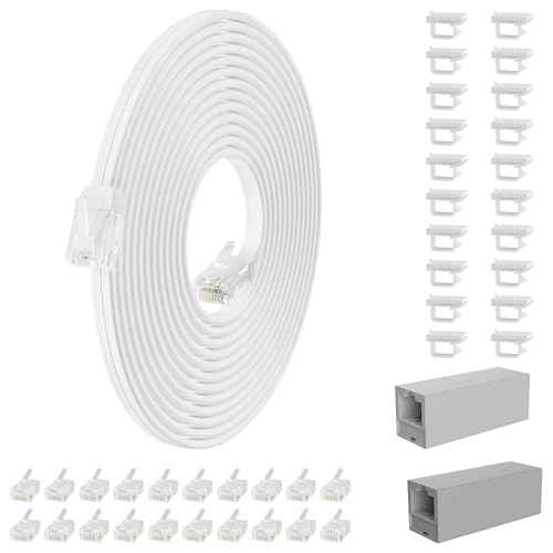 Telephone Extension Cord 250 Ft, Anti-UV Weatherproof Phone Cable Line Wire with Standard RJ11 Plug for Landline Modem Fax Machine Outdoor with Couplers&Clip Holders&Connectors -Flat-White
