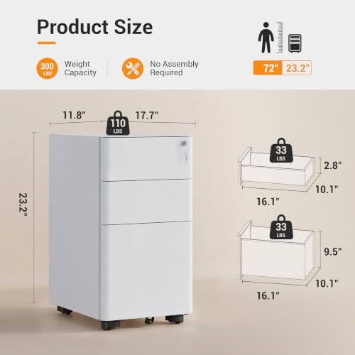 DEVAISE White 3-Drawer File Cabinet on Wheels, Fully Assembled, 11.8"W x 17.7"D x 23.2"H