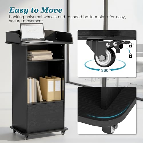 Qriocioa Black Podium Stand with 4 Wheels, Wooden Lectern with Storage