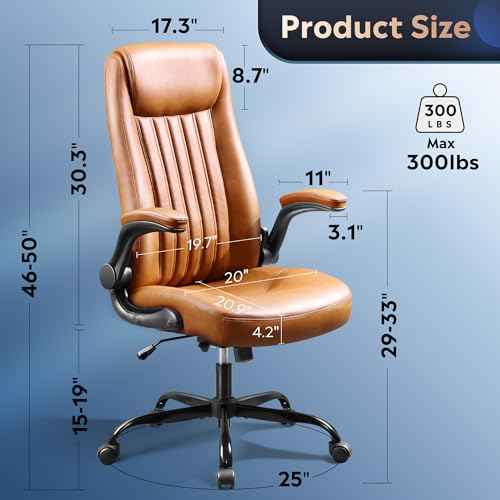 DEVAISE Executive Chair Computer Office Chair, High Back Ergonomic Desk Chair with Adjustable Flip-up Armrests, Lumbar Support and Thick Headrest, Brown