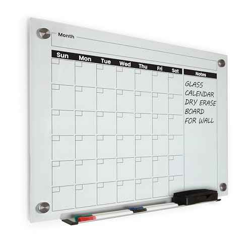 Real Glass Dry Erase Calendar, 18" x 24", Bright White Tempered Glass Surface, Frameless Wall Mount, with 4 Assorted Color Markers and Eraser, by Better Office Products