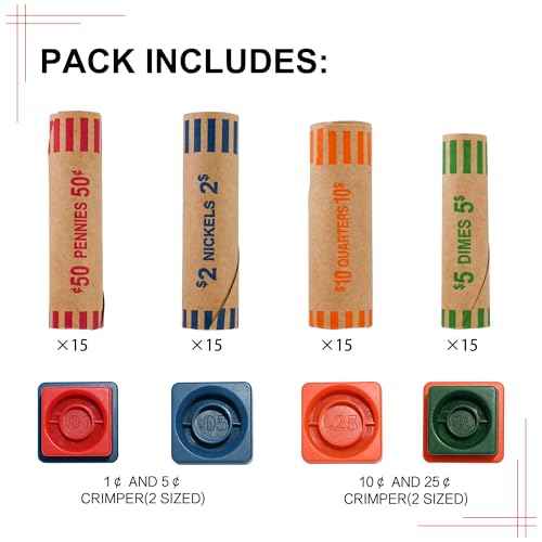 L LIKED 60 Assorted Coin Roll Wrappers with Color Coded Coin Wrapper Crimping Tool -(Quarters, Pennies, Nickels and Dimes)