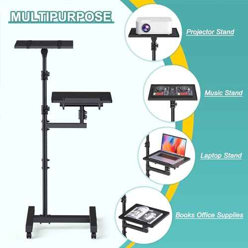 2 Shelves Projector Stand Tripod, Height Adjustable Max 64", Mobile Laptop Cart on Wheels Projector Tripod Stand, Overbed Table with Wheels, Rolling Laptop Floor Stand for Couch