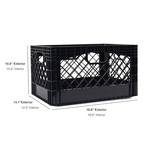 Stackable Milk Crates, Kitchen Work Commercial Garage Totes, 24 Quart, Heavy Duty Plastic, Black, 19" L x 13" W 11" H