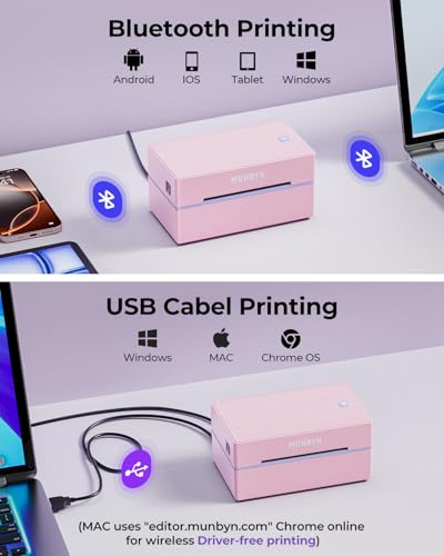 MUNBYN Pink Bluetooth Thermal Label Printer 4x6 Shipping Label Maker