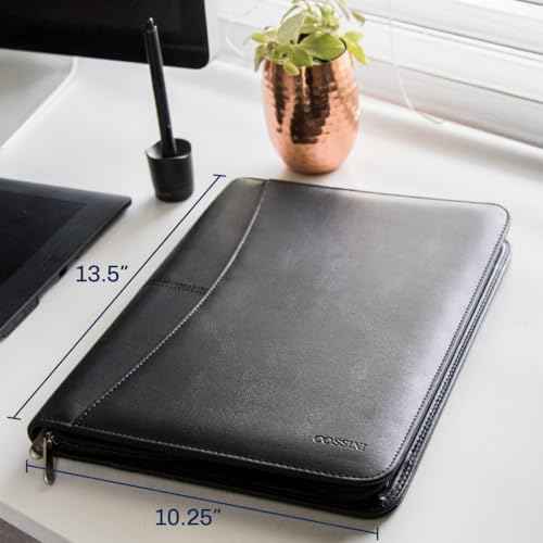 Cossini Black Superior Vegan Leather Business Portfolio with Zipper ? Padfolio All-in-One. Smartest Protective 10.1 Inch Tablet Sleeve, Presentation Slot, Solar Calculator, Card Storage, Writing Pad