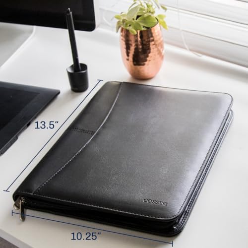 Cossini Black Vegan Leather Portfolio with Zipper & 10.1 Inch Tablet Sleeve – Business Organizer