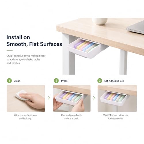 YOOUSOO White Under Desk Drawer Organizer 2 Pack - Small & Large Self-Adhesive Storage Drawers for Office & Home