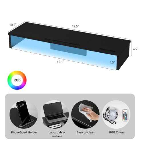 TV Riser Stand with LED Lights, 42.5in Super Large Monitor Stand with Phone Tablet Holder, Tabletop TV Stand Riser for Desk, Desktop Organizer for Computer, TV, Laptop, Printer