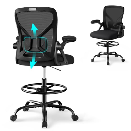 SONGMICS Tall Drafting Office Chair for Standing Desks, Ink Black, Ergonomic Lumbar Support
