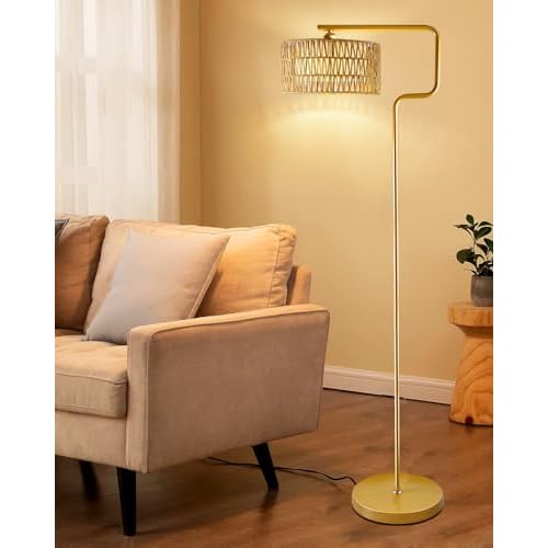 Lightdot 62IN Arc Rattan Floor Lamps for Living Room, Boho Standing Lamp with Rattan& Linen Double Lampshades, E26 3000K Soft Warm White Bohemian Caged Floor Lamp for Bedroom, Office-Gold