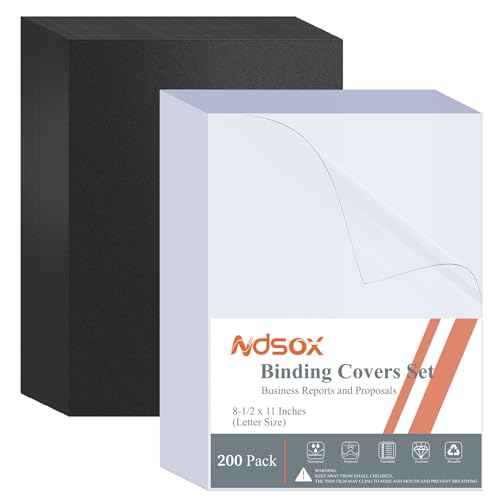 Ndsox 200 Pack Binding Covers and Backs Set 8.5 x 11 Inches Letter Size, 100 8-Mil Clear Binding Covers, 100 12-Mil Black Sand-Textured Binding Presentation Polycovers, Un-Punched, Square Corners