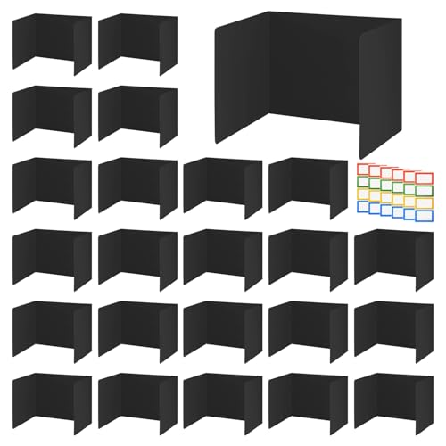 24pcs Desk Dividers for Students, Waterproof Study Carrel Dividers with 24 Name Labels Durable Classroom Desk Board Protable Test Privacy Folders for School Student Desk (Black)