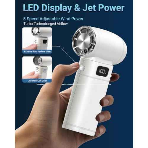 Handheld Mini Turbo Fan 120000RPM 6-Speed Turbo Power 9000mAh Portable High Speed Cooling Personal Fan with Digital Display LED Light for Travel Beach Camping (White)