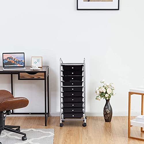 10 Drawer Storage Cart, Tools Scrapbook Paper Arrangement Mobile Drawer Cart Organizer, Space Saving Cart with 4 Wheels and Inter Locker System, Suitable for Cosmetics, File (BK)