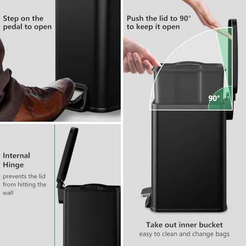 Slim Bathroom Trash Can with Lid Soft Close, 1.6 Gallon Stainless Steel Garbage Can with Removable Inner Bucket, Durable Step Pedal, Small Trash Bins for Toilet, Bedroom, Kitchen, Office