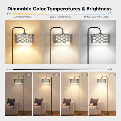 PARTPHONER 68¡®¡¯Floor Lamp for Living Room, Tall Standing Lamp with Remote 3 Color Temperatures Dimmable Bulb, Gray Rattan and Fabric Dual Shades